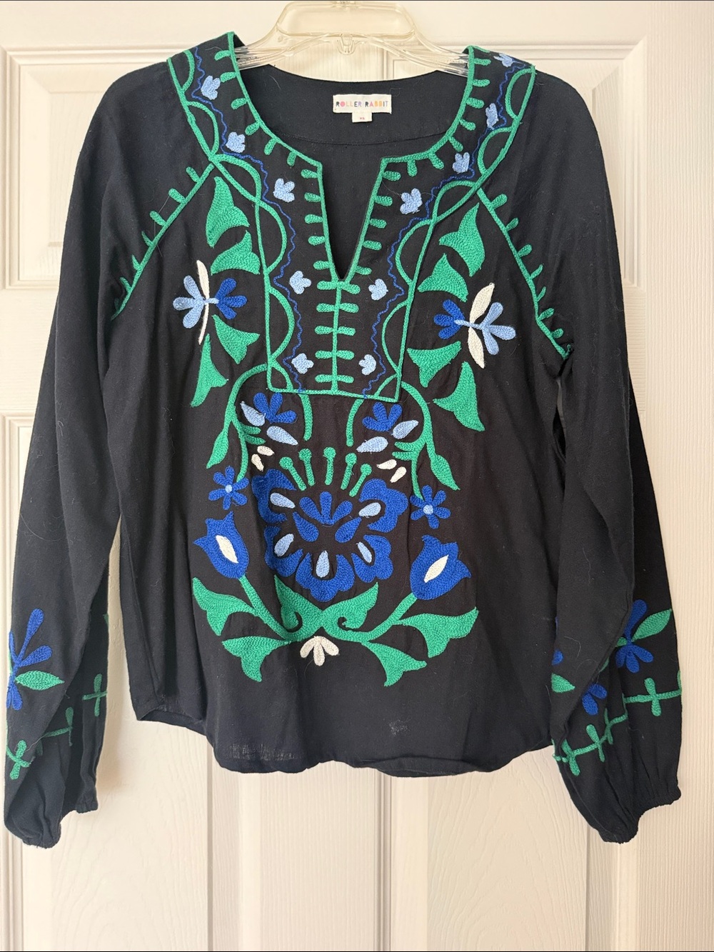 Roller Rabbit Black Tunic with Blue & Green Floral Embroidery